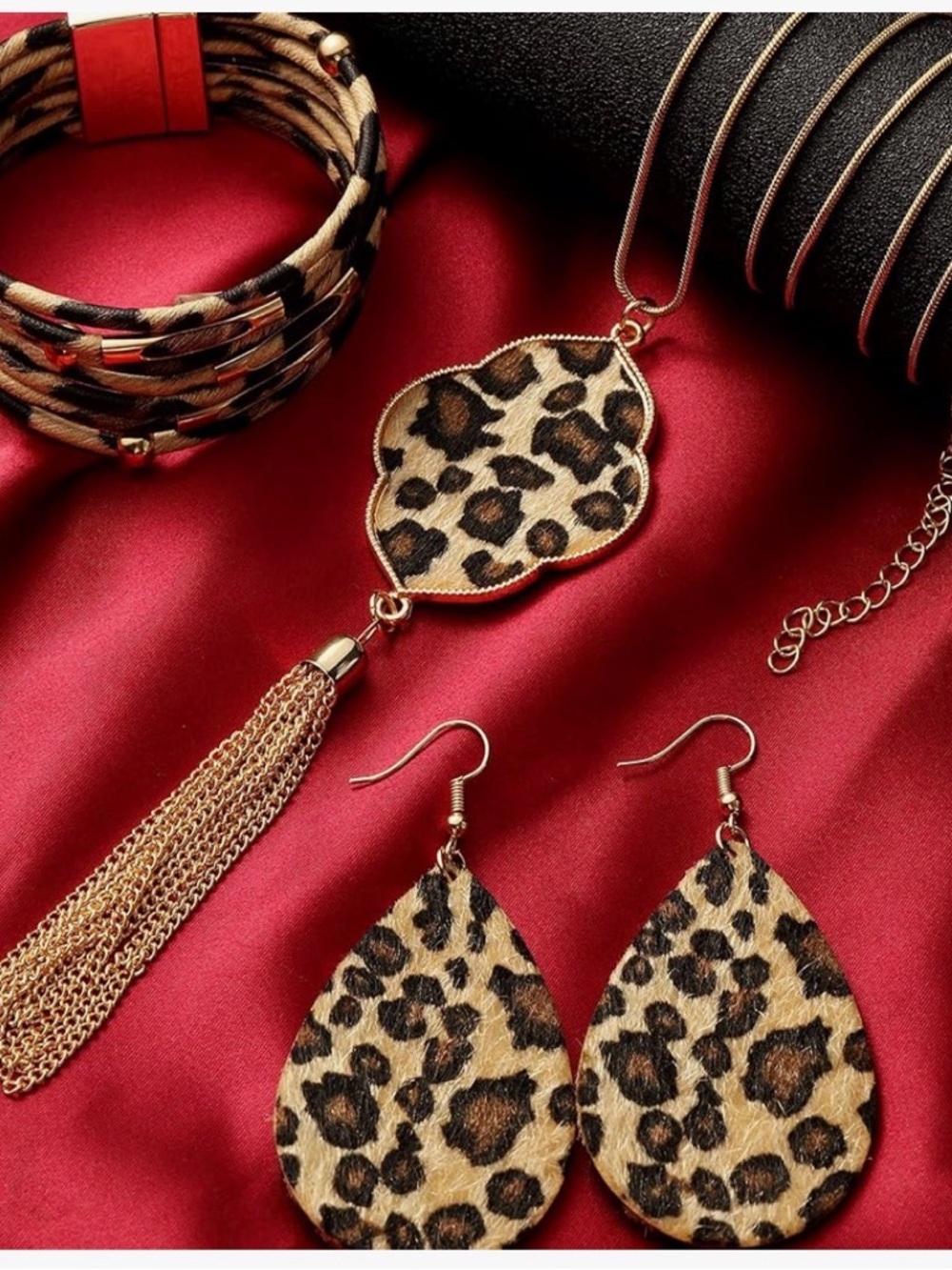 Leopard Print Tassel Necklace Bracelet and Teardrop Earrings Set - New - Picture 2 of 3